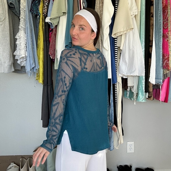 Free People Teal Sheer Lace Top - Picture 5 of 7